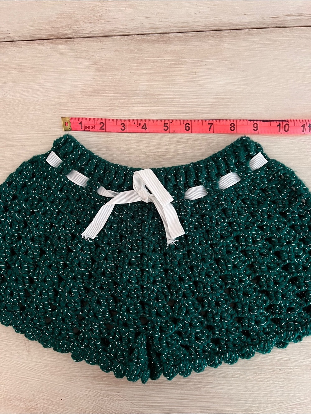 Hand-Crocheted Women’s Shorts in Deep Green with White Ribbon - Picture 3 of 6